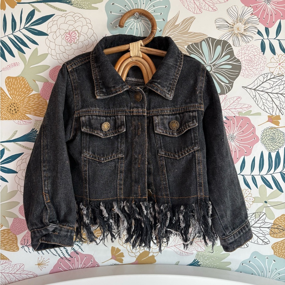 Kids Black Denim Jacket with Fringe